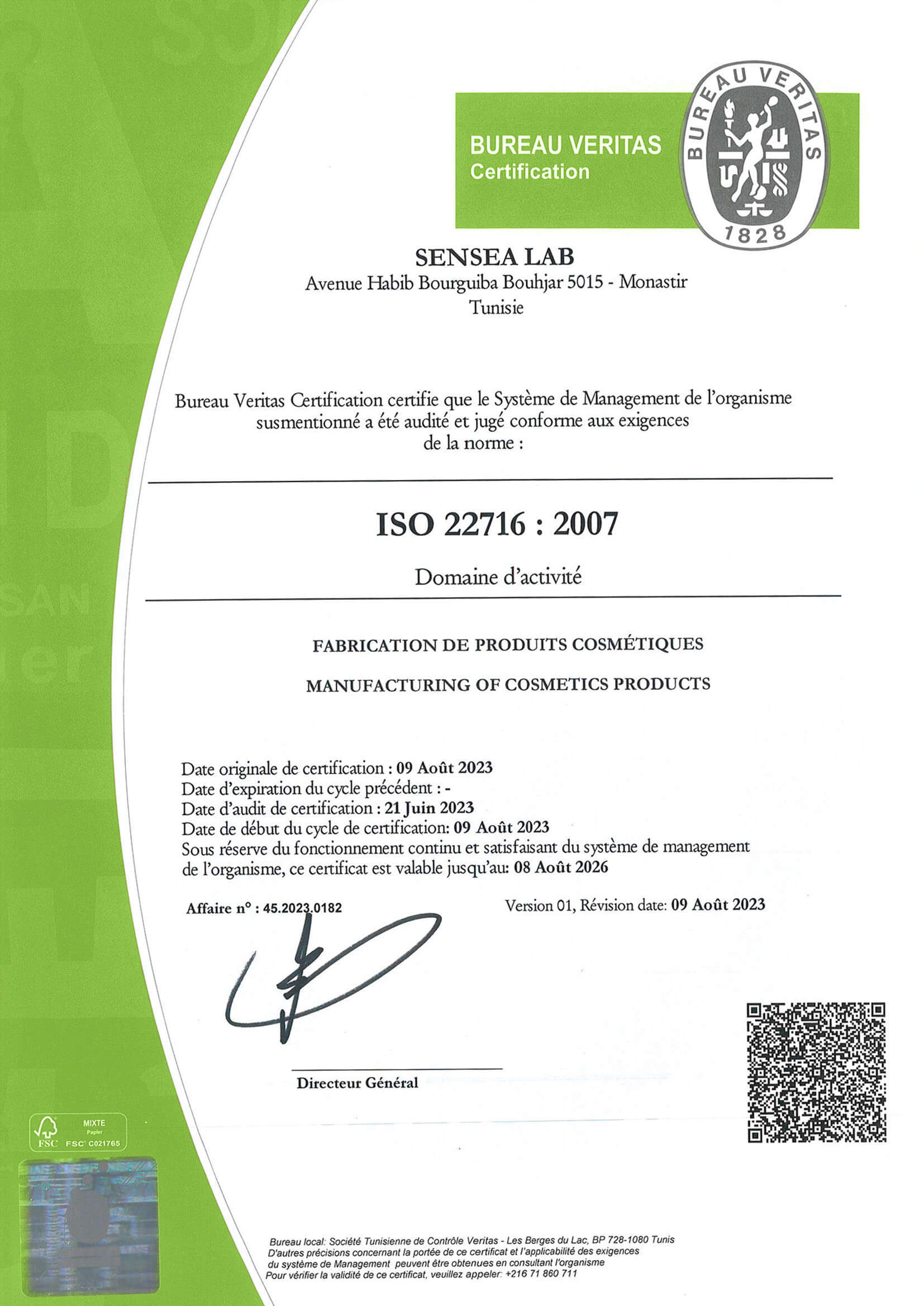 Certificat ISO 22716 : 2007