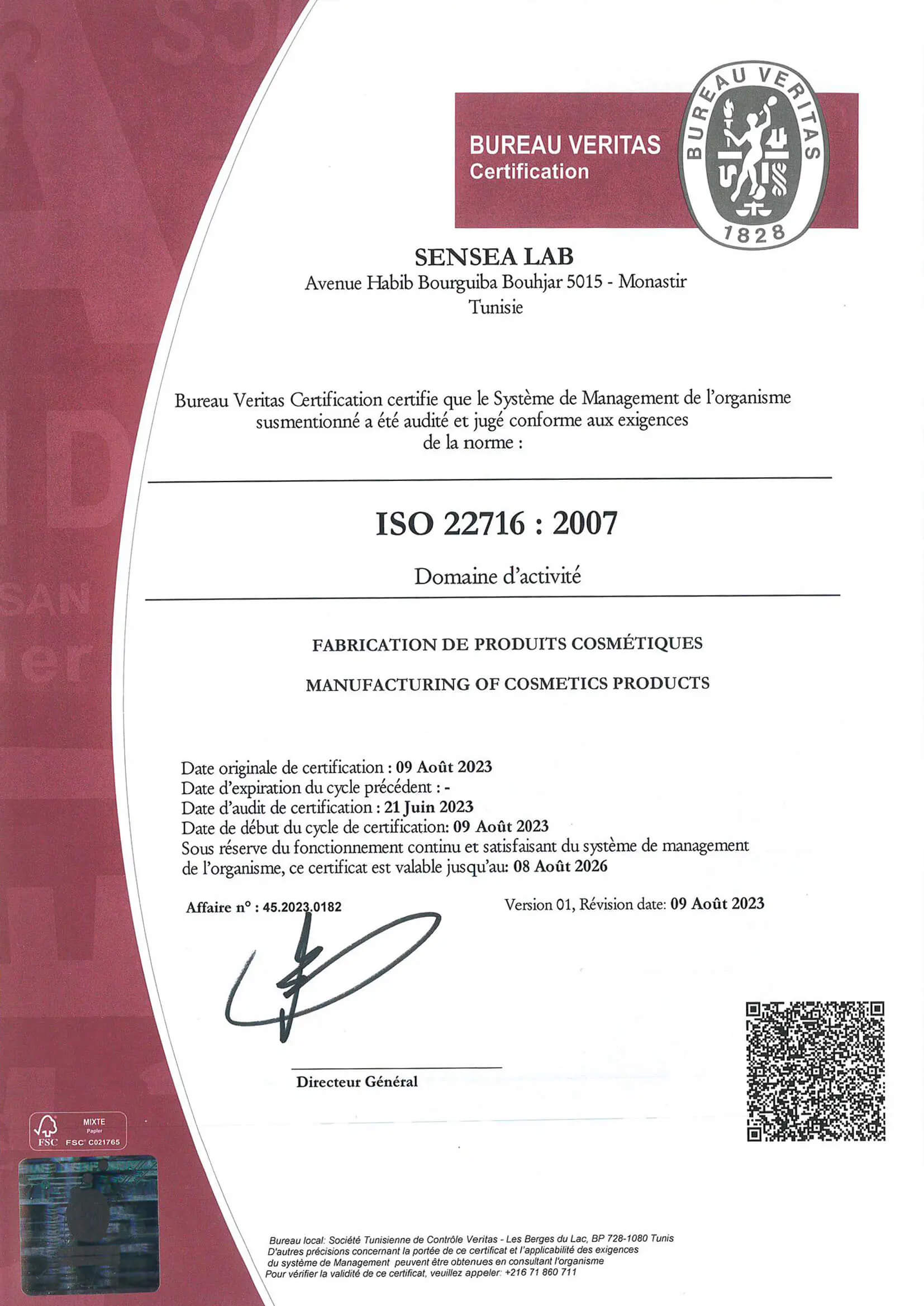 Certificat ISO 22716 : 2007